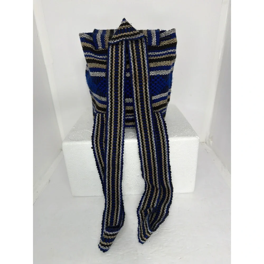Handmade Woven Mini Backpack Blue Black Striped Boho Festival Rucksack Toggle